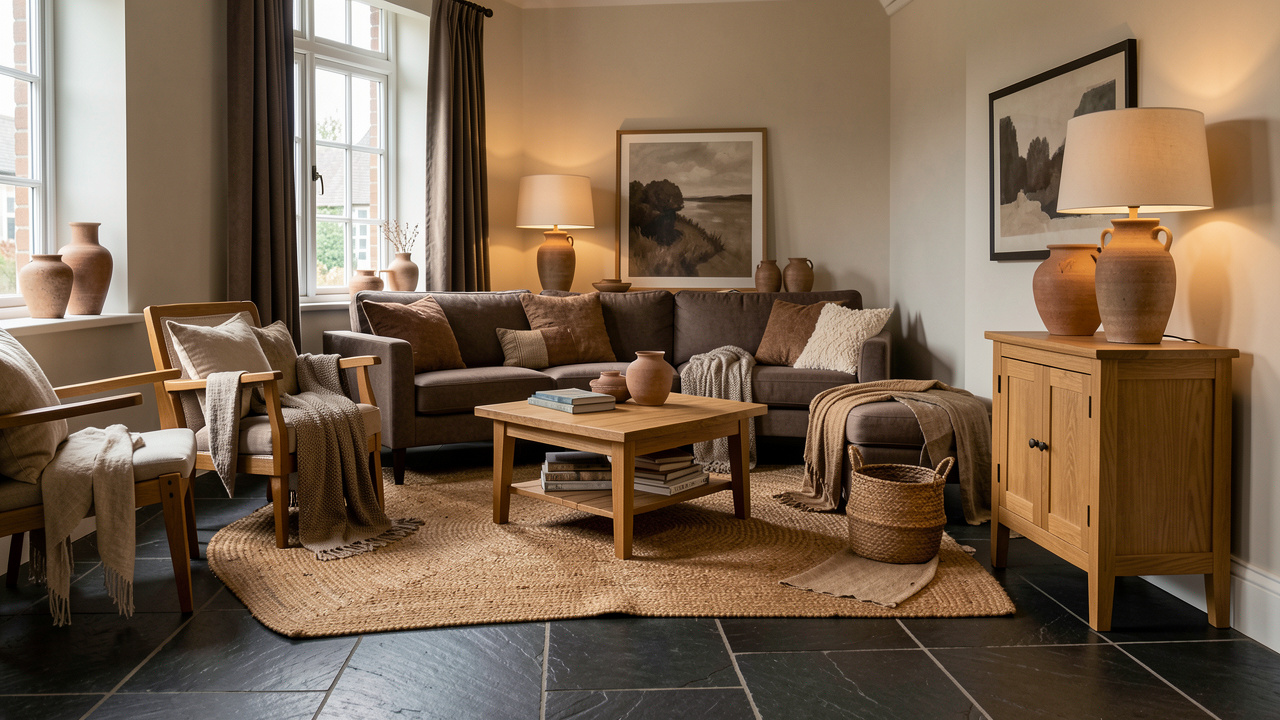Intérieur chaleureux avec un sol en ardoise sombre associé à du mobilier en bois clair, des textiles naturels et une lumière douce.