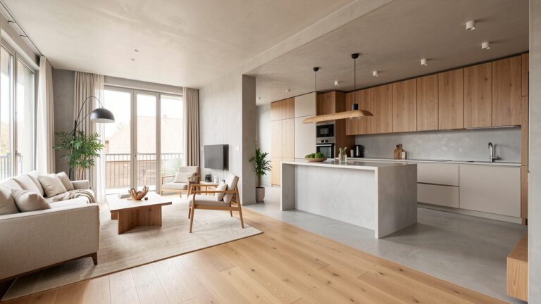 Intérieur contemporain lumineux associant un parquet en chêne chaleureux et des surfaces en béton ciré gris clair dans un espace ouvert et harmonieux.