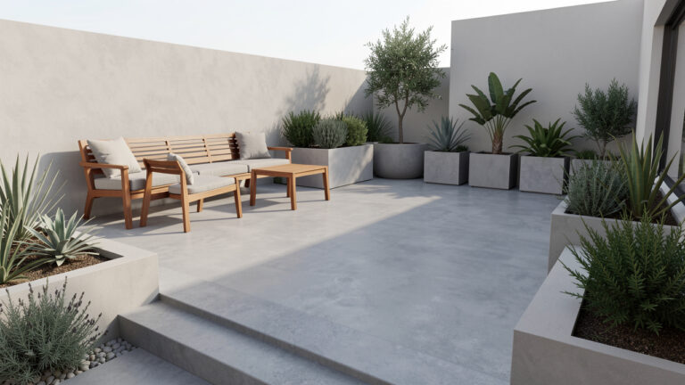 Terrasse moderne en béton lissé gris, aménagée avec du mobilier en bois, des jardinières et une végétation résistante au soleil.