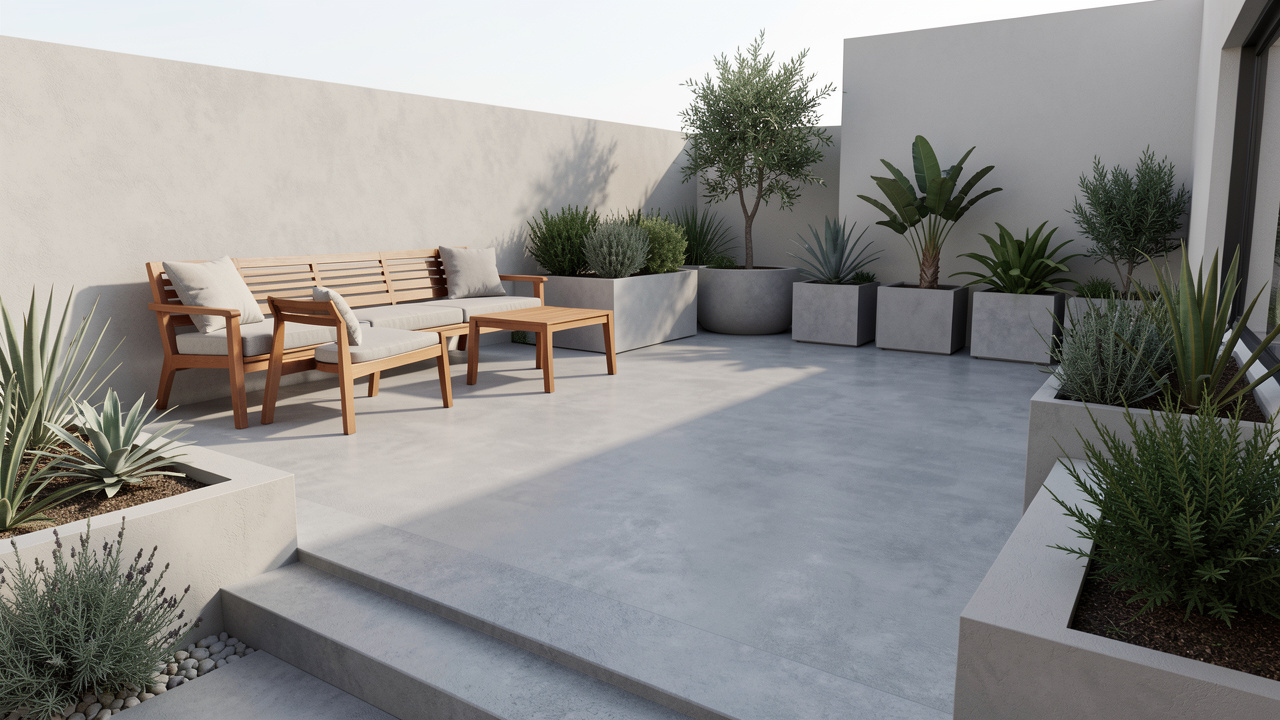 Terrasse moderne en béton lissé gris, aménagée avec du mobilier en bois, des jardinières et une végétation résistante au soleil.