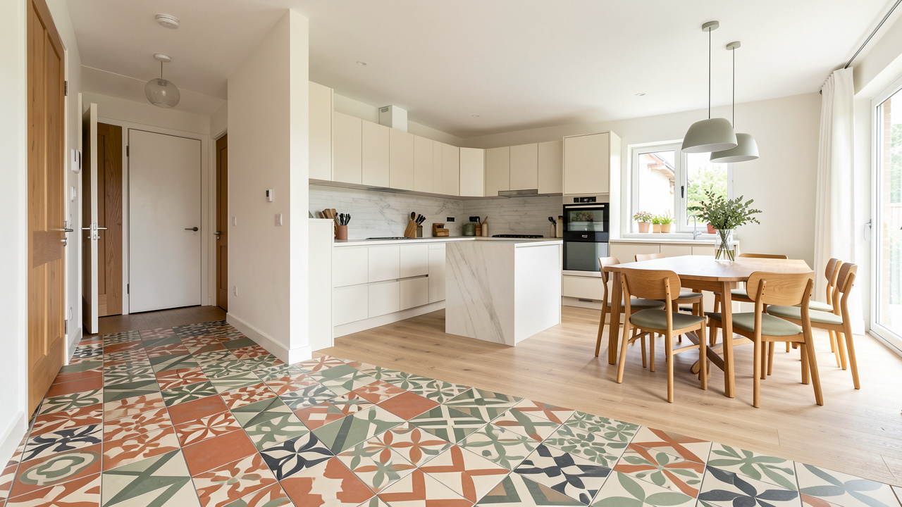 Intérieur contemporain lumineux où des carreaux de ciment aux motifs géométriques délimitent harmonieusement l’entrée, la cuisine et l’espace repas.