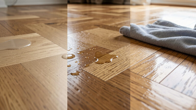 Plan rapproché d’un parquet en chêne montrant différentes finitions et leur aspect après nettoyage, avec lumière naturelle et détails du grain du bois.