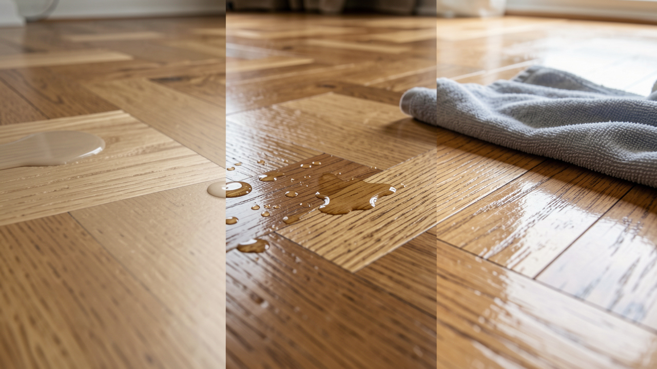 Plan rapproché d’un parquet en chêne montrant différentes finitions et leur aspect après nettoyage, avec lumière naturelle et détails du grain du bois.
