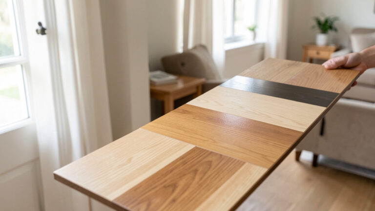 Détail de panneaux d’échantillons de parquet avec différentes finitions, éclairage naturel doux dans une pièce de vie, textures de bois visibles pour illustrer le choix selon la pièce et le niveau de passage.