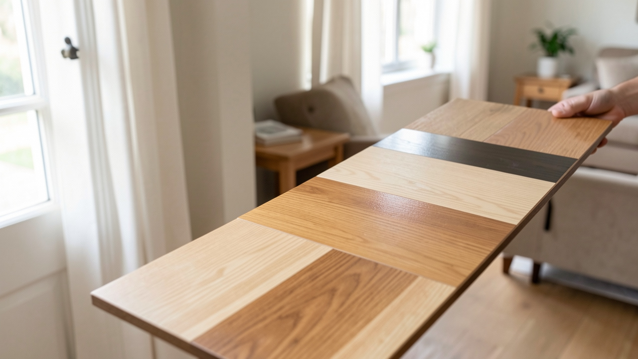 Détail de panneaux d’échantillons de parquet avec différentes finitions, éclairage naturel doux dans une pièce de vie, textures de bois visibles pour illustrer le choix selon la pièce et le niveau de passage.