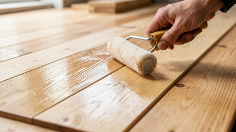 Gros plan sur des lames de parquet en bois en cours de finition, avec application d’un vernis protecteur pour montrer des niveaux de brillance différents.