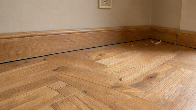 Gros plan sur une plinthe en bois posée le long d’un parquet avec un espace de dilatation visible au niveau du mur.
