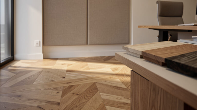 Vue réaliste d’un bureau professionnel avec un parquet en bois mis en valeur, des échantillons de bois sur une table et un panneau textile pour l’acoustique, lumière douce et détails nets.