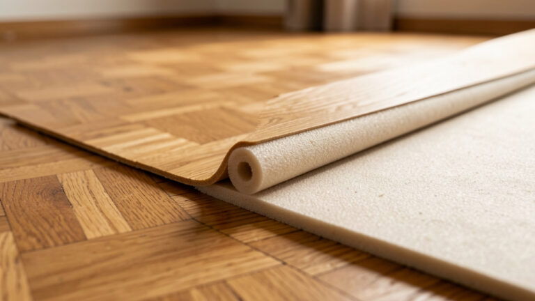 Installation visible d’une sous-couche sous un parquet en bois, montrant la texture des couches, l’acoustique et le confort avec un éclairage naturel doux.