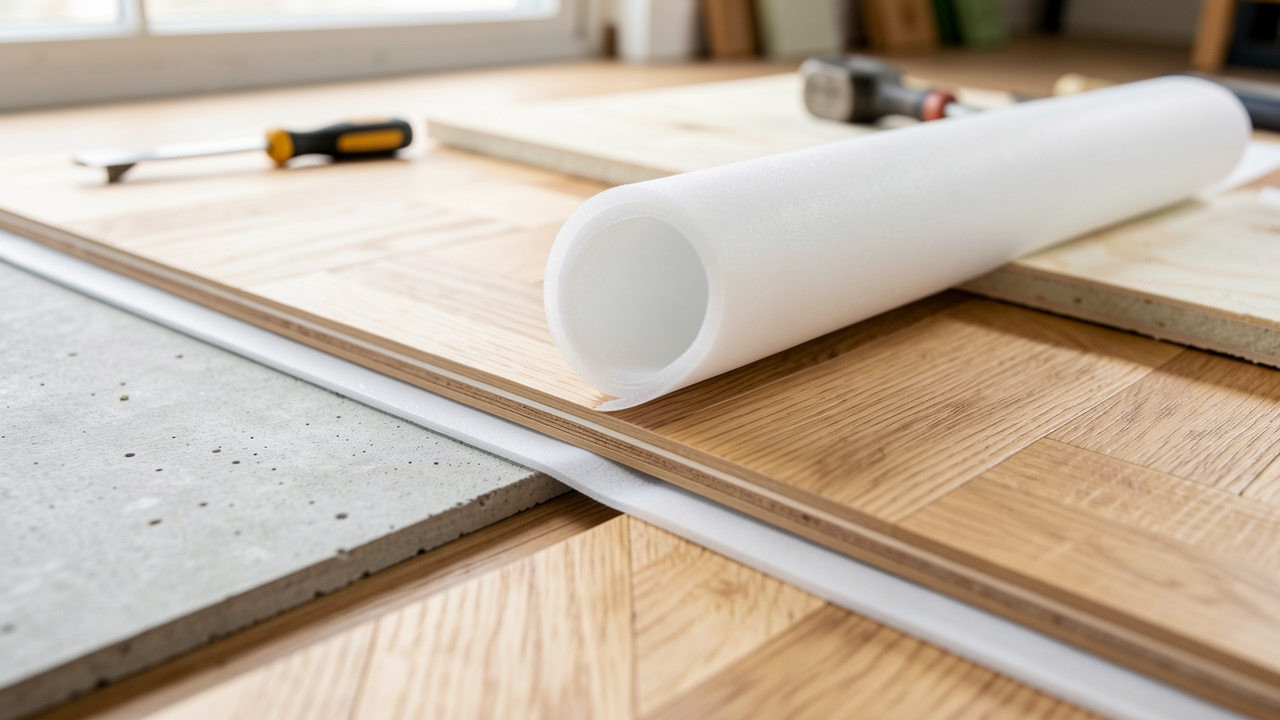 Vue rapprochée d’une sous-couche posée sous un parquet en chêne clair, avec rouleau de mousse, éléments de support comme dalle en béton et contreplaqué, et outils de pose dans un atelier éclairé par la lumière naturelle.