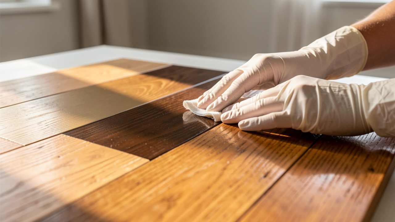 Plan rapproché d’échantillons de sol en bois avec différentes finitions visibles, texture mise en valeur par la lumière naturelle, démonstration du rendu et de l’essuyage en conditions de propreté.