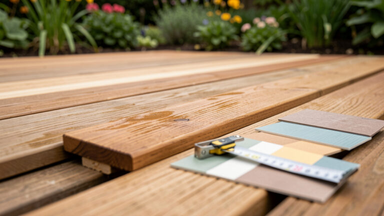 Gros plan de planches de bois de terrasse de différentes finitions, disposées sur une terrasse, avec un ruban de mesure et des échantillons pour illustrer le choix selon l’exposition, l’usage et le budget.