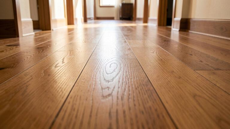Vue rapprochée d’un sol en bois durable avec une finition adaptée aux zones à fort passage, éclairé par une lumière naturelle dans un couloir