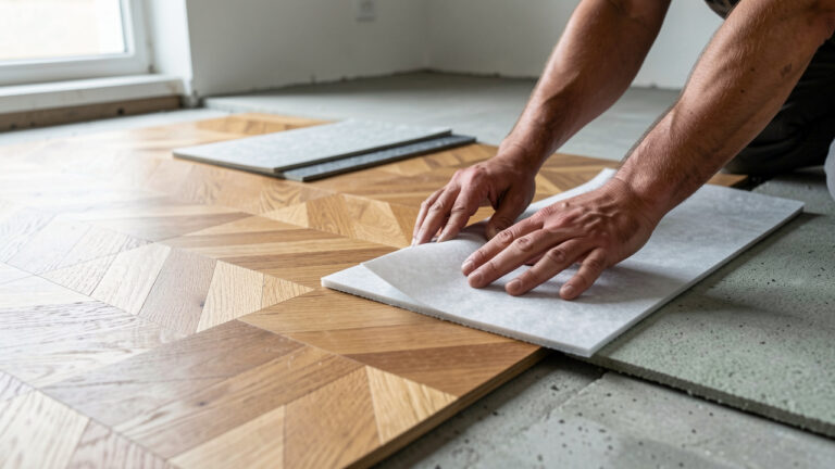 Vue rapprochée d’un parquet en bois avec des sous-couches d’isolation disposées au sol, des mains installant une sous-couche sur un support en préparation, lumière naturelle et rendu réaliste.