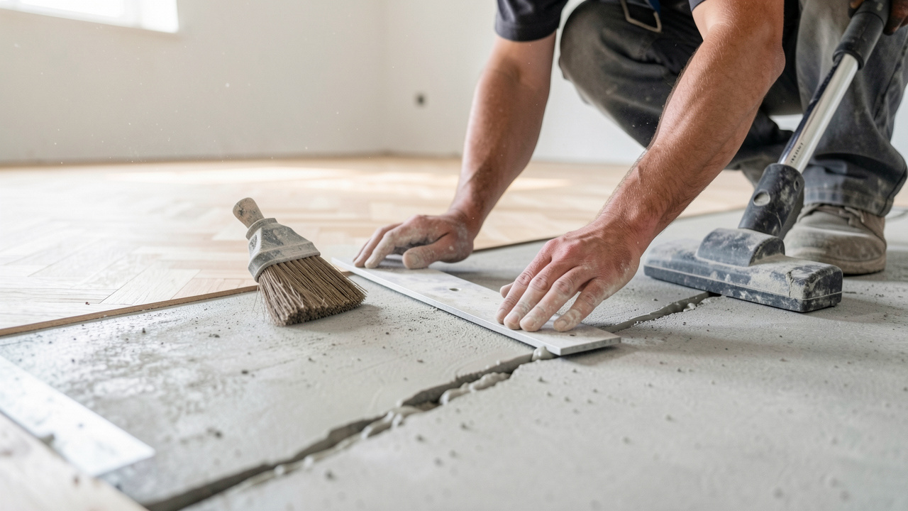 Préparation d’un sol avant la pose d’un parquet : nettoyage, contrôle de planéité avec une règle, remplissage des fissures et travail sur une dalle béton, vue rapprochée dans une pièce lumineuse.
