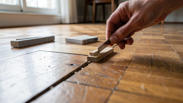 Réparation détaillée d’un parquet en bois grinçant : mise à niveau de lames avec cales en bois, outils de mesure et matériaux de réparation dans un intérieur calme, éclairage naturel et vue rapprochée.