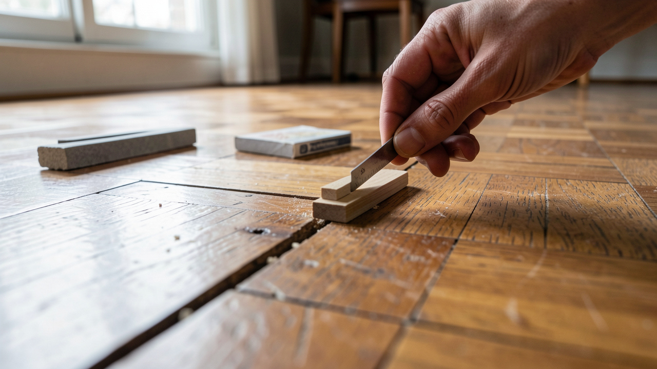 Réparation détaillée d’un parquet en bois grinçant : mise à niveau de lames avec cales en bois, outils de mesure et matériaux de réparation dans un intérieur calme, éclairage naturel et vue rapprochée.