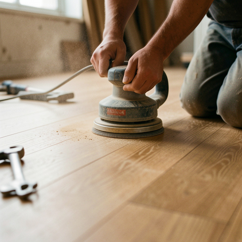 Mains en train de poncer un parquet en bois avec une ponceuse orbitale, avec poussière fine en suspension et outils de rénovation à proximité dans un atelier, lumière naturelle réaliste.
