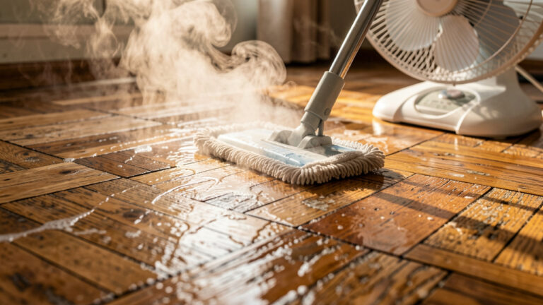 Nettoyage et séchage d’un parquet en bois après un dégât des eaux, avec nettoyage humide et ventilation pour réduire les odeurs persistantes.