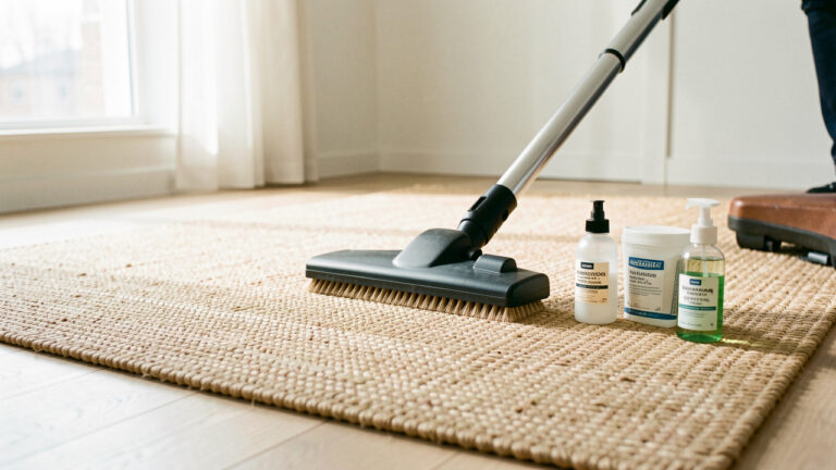 Revêtement de sol en sisal naturel entretenu avec une brosse douce et des accessoires de nettoyage dans un intérieur lumineux.