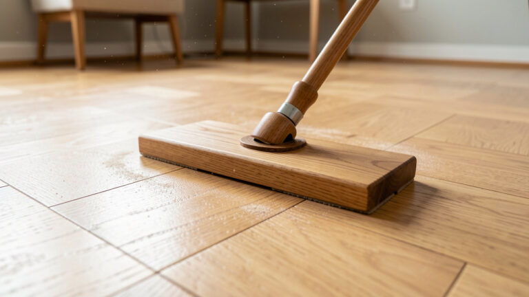 Travail d’entretien sur un parquet en chêne clair : une serpillière en bois glisse doucement pour enlever la poussière et préserver le grain du bois, lumière naturelle du matin.
