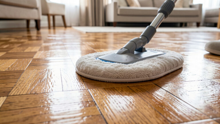 Parquet huilé en bois nettoyé avec une serpillière en microfibre, lumière naturelle et texture du bois mise en valeur.