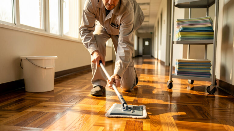 Entretien d’un parquet en milieu professionnel : un agent nettoie et polit doucement le sol en bois avec une serpillière microfibre, mettant en valeur le veinage et la brillance naturelle dans un couloir d’entreprise.