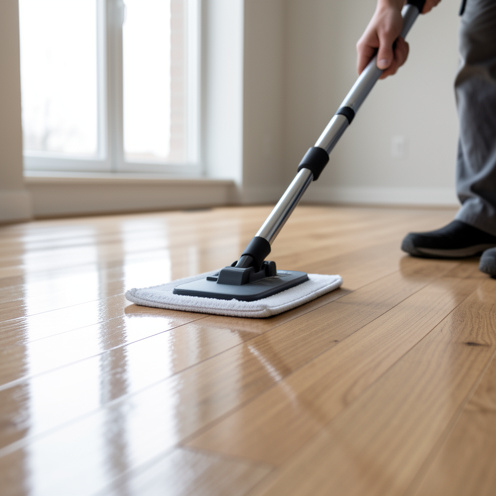 Une femme entretient un parquet vitrifié avec une serpillière microfibre, vue rapprochée du bois propre et brillant dans un intérieur lumineux.