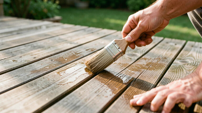 Un gros plan d’une terrasse en bois nettoyée puis huilée, avec de l’eau qui perle légèrement sur le bois, photographié en lumière naturelle.