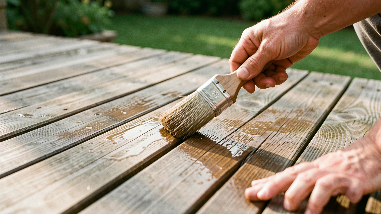 Un gros plan d’une terrasse en bois nettoyée puis huilée, avec de l’eau qui perle légèrement sur le bois, photographié en lumière naturelle.