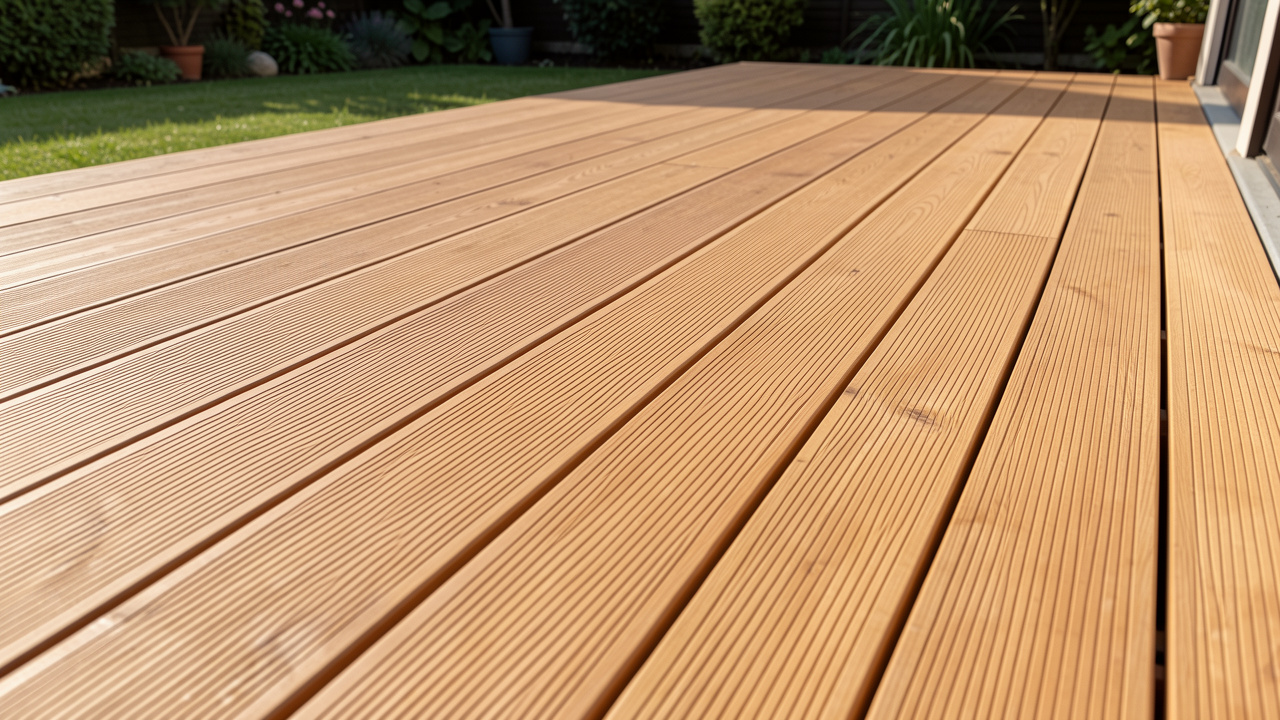 Vue rapprochée d’une terrasse en bois neuve montrant un espacement régulier entre les lames.