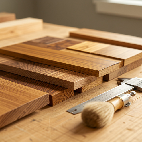 Gros plan de planches d’essences de bois et d’échantillons de parquet aux teintes brunes variées, avec texture des fibres et outils de mesure sur un établi, lumière naturelle dorée.