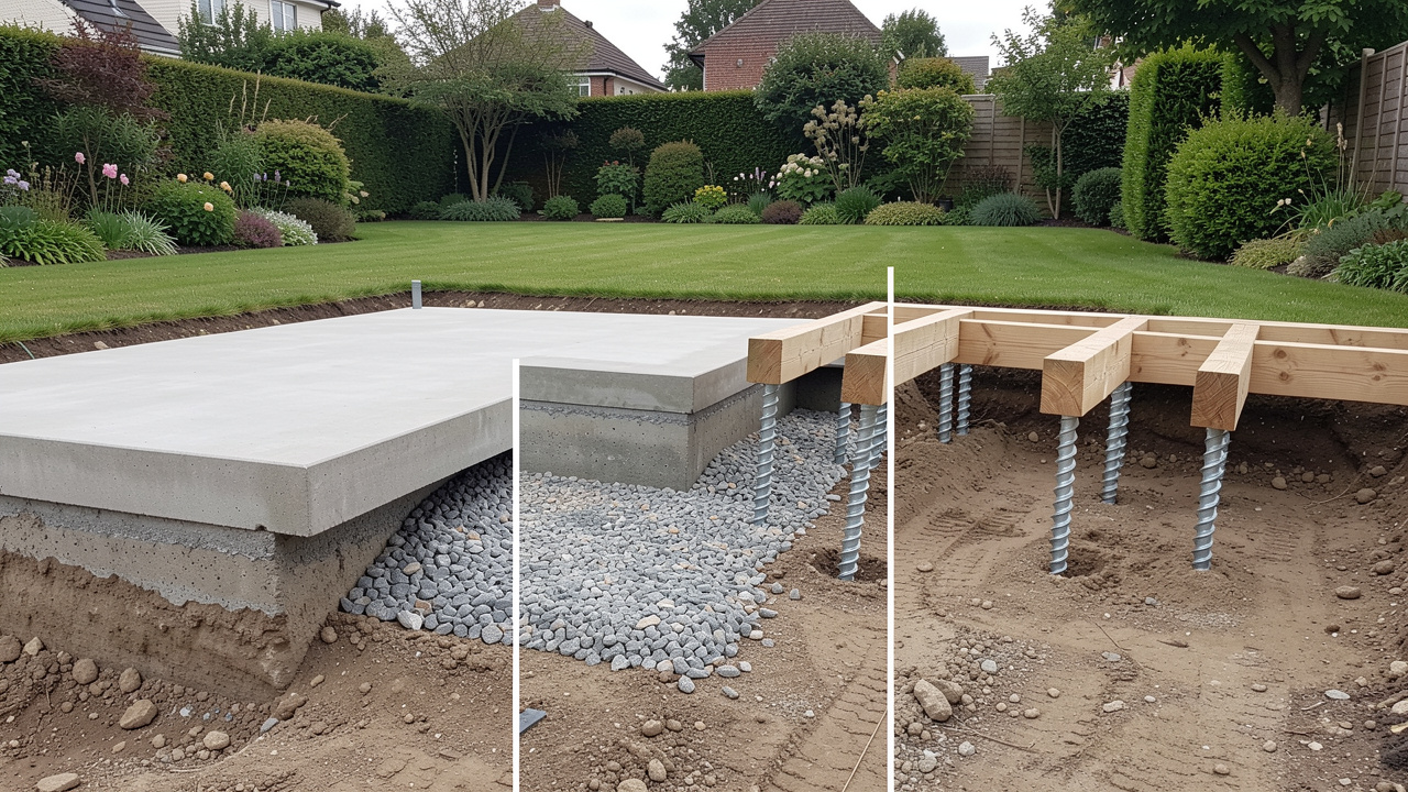 Vue comparative de trois fondations de terrasse : une dalle en béton, un lit de gravier compacté et des vis de fondation soutenant une structure en bois.