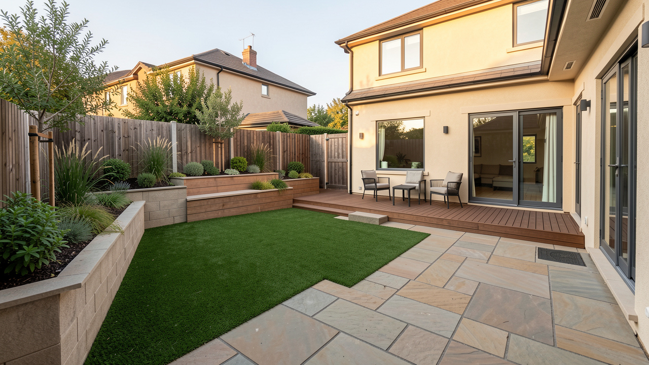 Jardin extérieur rénové avec une pelouse synthétique, des dalles en pierre, des jardinières et une terrasse en bois.