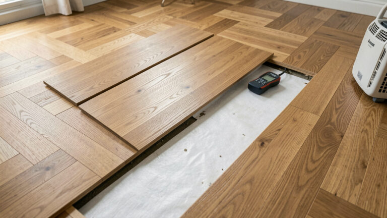 Vue en coupe d’un parquet dont quelques lames sont soulevées pour examiner l’humidité du support, avec un humidimètre et un déshumidificateur à proximité.
