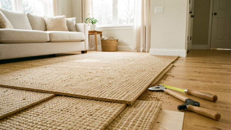 Revêtement de sol en jonc de mer posé dans un intérieur lumineux, avec ses fibres naturelles et des outils de pose disposés à proximité.