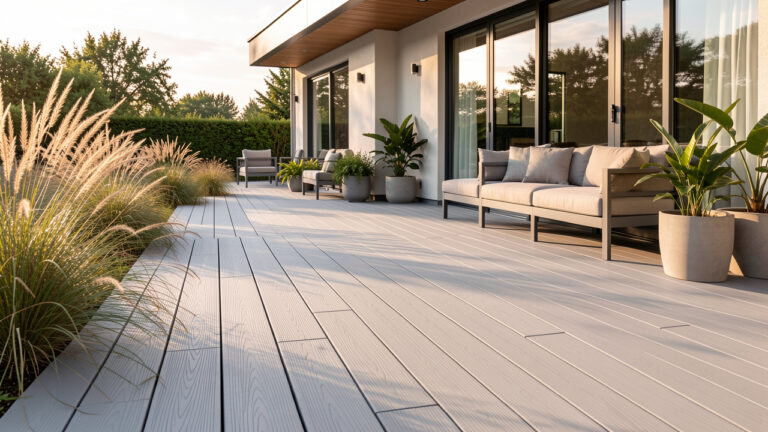 Terrasse extérieure moderne avec des lames en PVC gris clair, aménagée près d’une maison contemporaine avec des plantes et du mobilier de jardin.