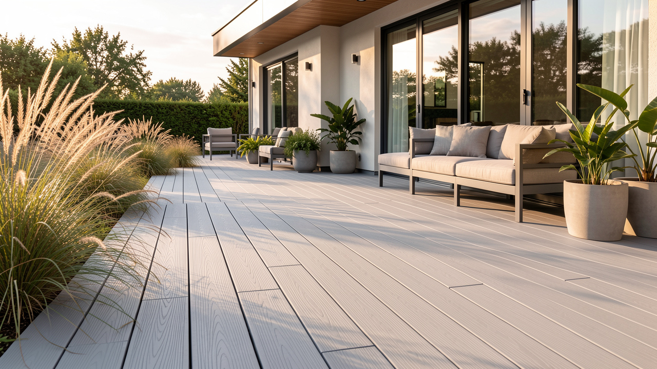 Terrasse extérieure moderne avec des lames en PVC gris clair, aménagée près d’une maison contemporaine avec des plantes et du mobilier de jardin.