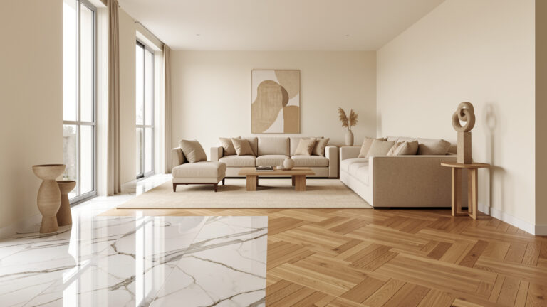 Intérieur contemporain associant harmonieusement un sol en marbre veiné et un parquet en chêne chaleureux.
