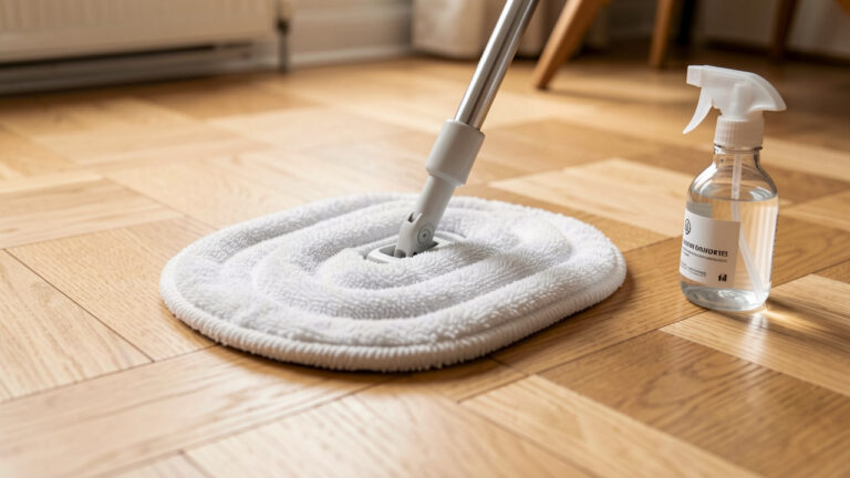 Plan rapproché d’un parquet en chêne clair nettoyé délicatement avec une serpillière en microfibre, sous une lumière naturelle, avec un flacon de nettoyage à côté.