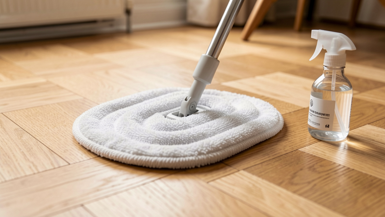 Plan rapproché d’un parquet en chêne clair nettoyé délicatement avec une serpillière en microfibre, sous une lumière naturelle, avec un flacon de nettoyage à côté.