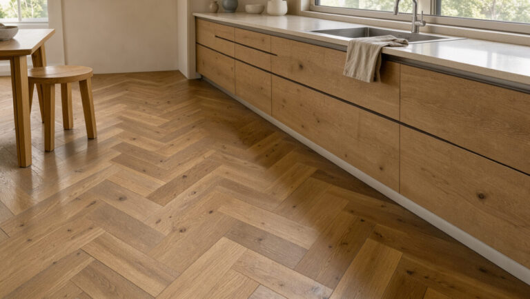 Cuisine contemporaine avec un parquet en chêne posé en chevrons et protégé contre l’eau près de l’évier.
