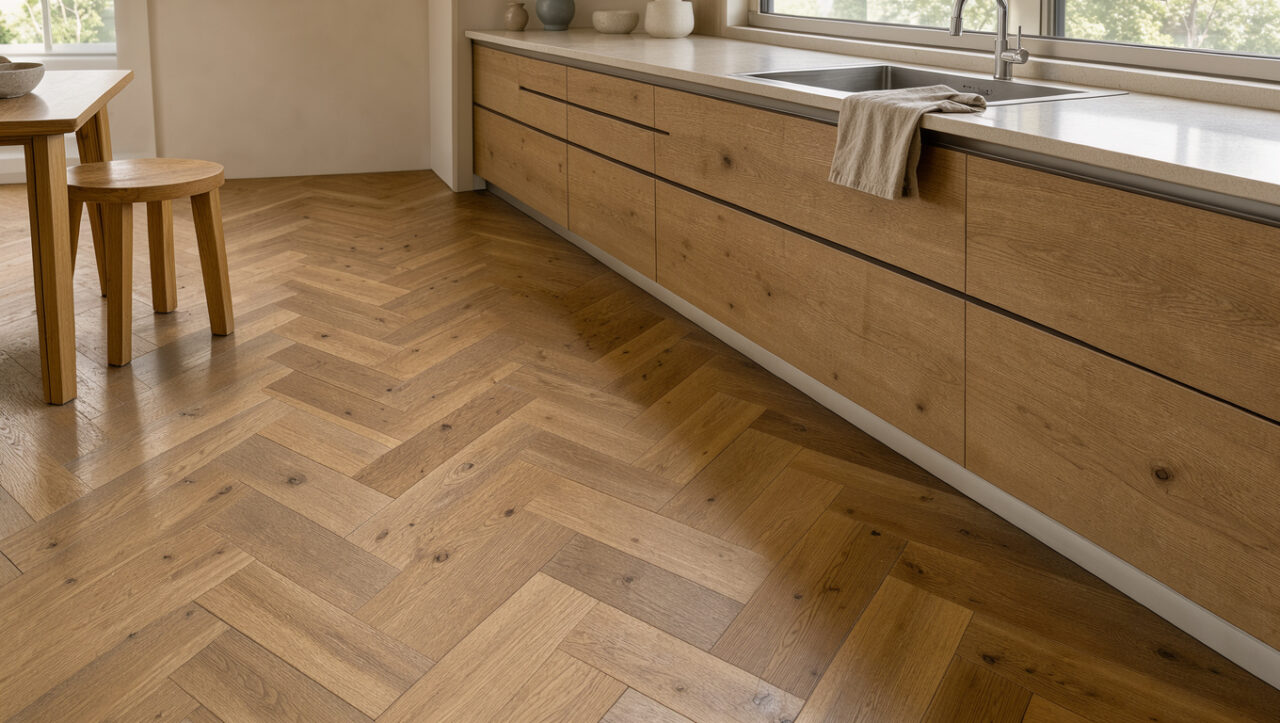 Cuisine contemporaine avec un parquet en chêne posé en chevrons et protégé contre l’eau près de l’évier.