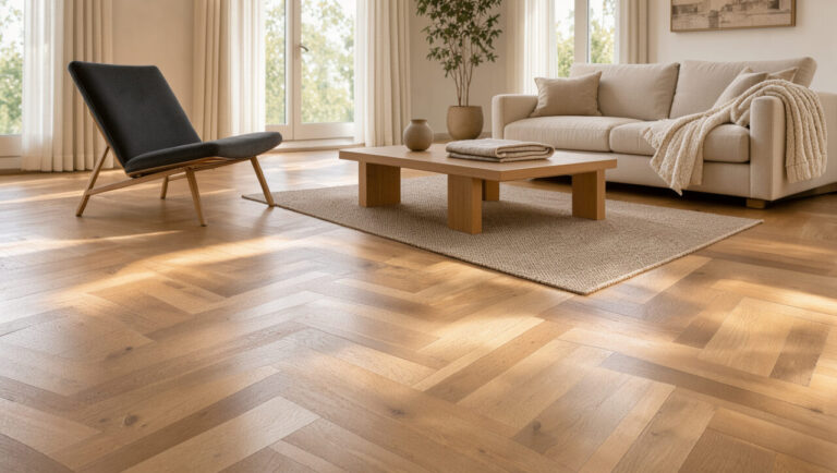 Salon contemporain avec parquet en chêne posé sur un système de chauffage au sol, baigné d’une lumière chaleureuse et naturelle.