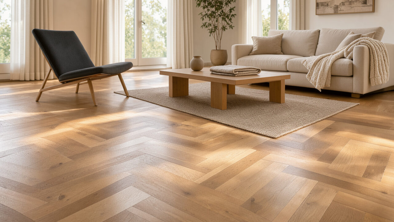 Salon contemporain avec parquet en chêne posé sur un système de chauffage au sol, baigné d’une lumière chaleureuse et naturelle.