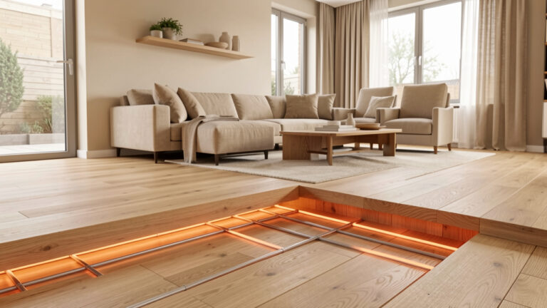 Visualisation réaliste d’un parquet en bois posé au-dessus d’un système de chauffage au sol, avec une coupe montrant les tubes chauffants sous les lames.
