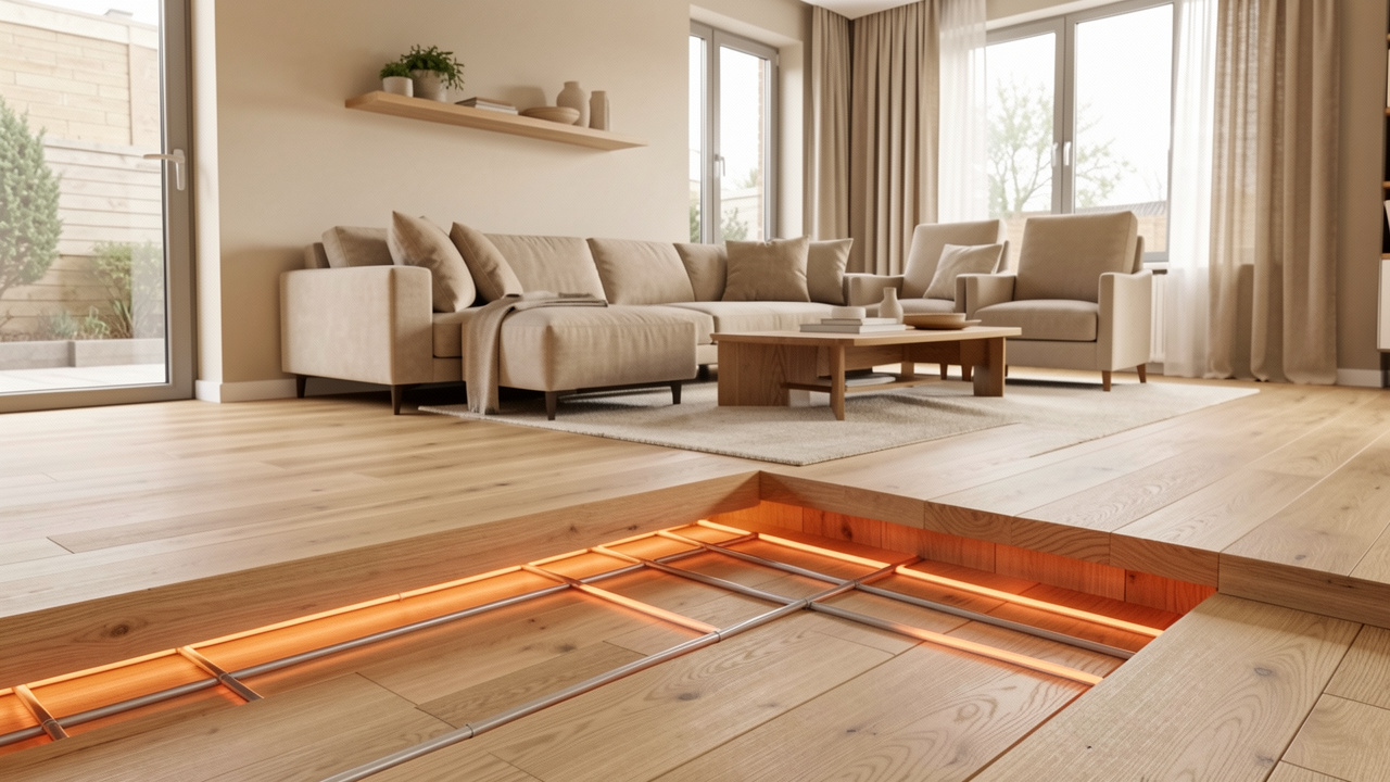 Visualisation réaliste d’un parquet en bois posé au-dessus d’un système de chauffage au sol, avec une coupe montrant les tubes chauffants sous les lames.