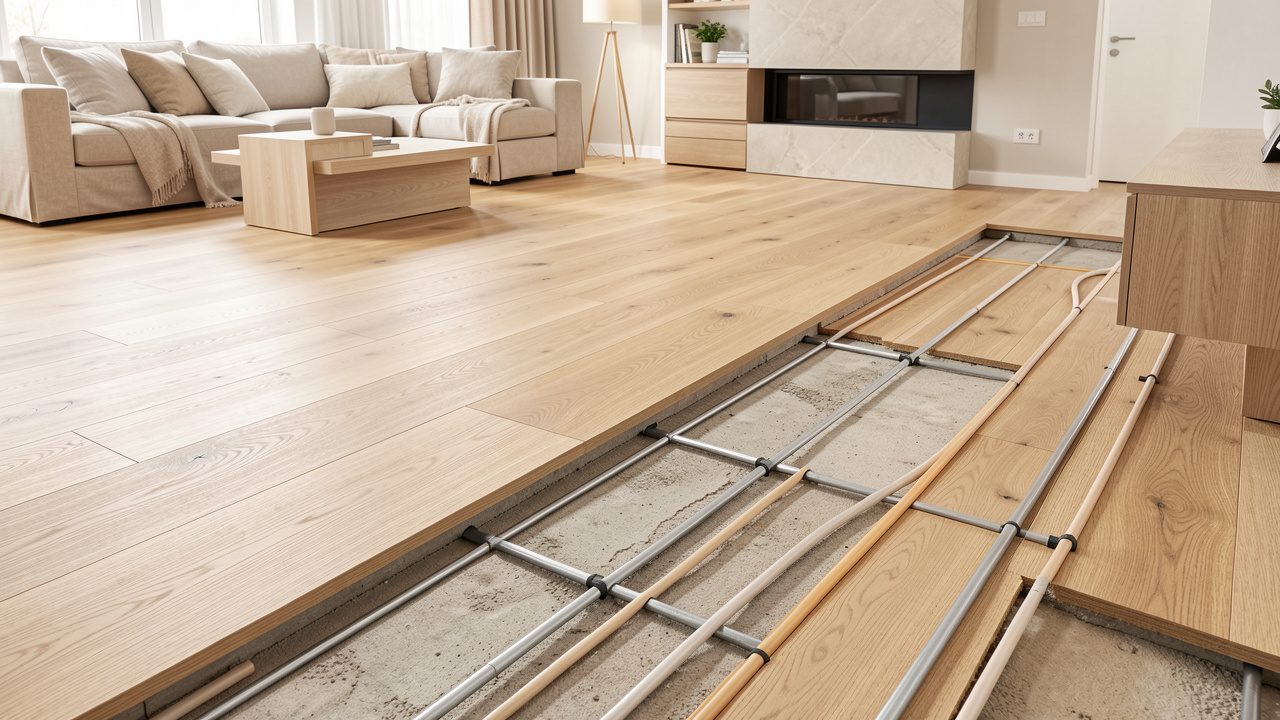 Salon contemporain avec parquet en chêne et coupe visible du plancher chauffant sous le revêtement, illustrant une pose soignée.