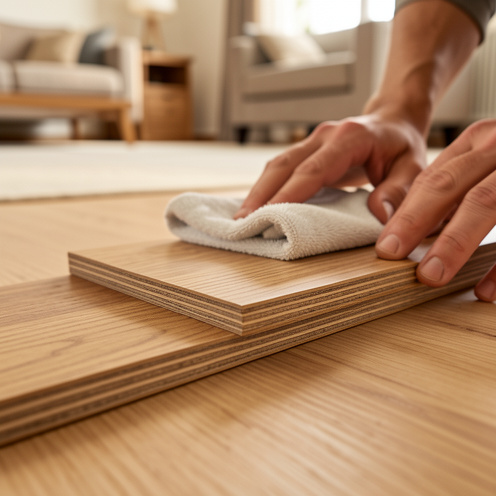 Plan rapproché d’un parquet contrecollé en cours de pose, montrant la structure en couches du bois, puis une finition par polissage à l’aide d’un chiffon microfibre, dans une pièce lumineuse.