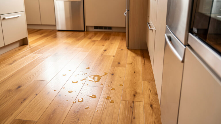 Cuisine contemporaine avec un parquet en bois chaleureux, vitrifié et résistant à l’humidité, montré avec quelques gouttes d’eau et éclaboussures faciles à nettoyer.